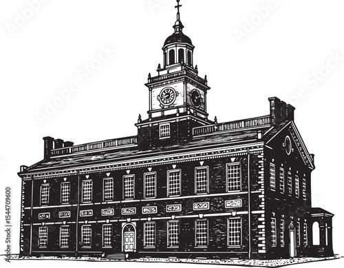 Black and white detailed illustration of Independence Hall in Ph