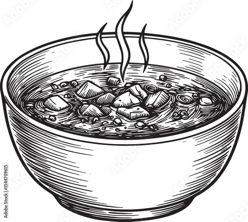 Detailed Illustration of a Bowl of Hot Soup, Monochrome Artwork