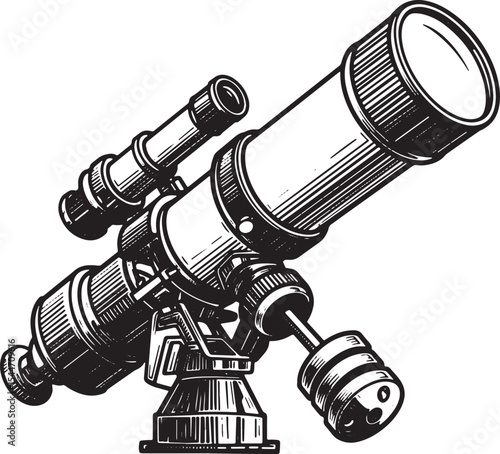 Detailed Illustration of a Telescope in Black and White on a Cle