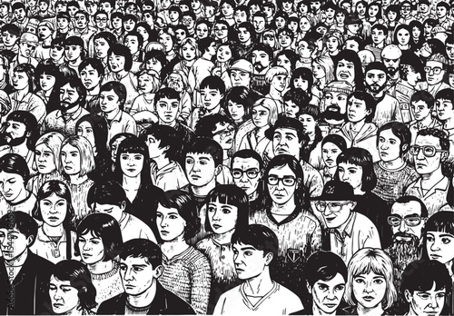 Illustration of a Diverse Crowd of People with Detailed Facial E