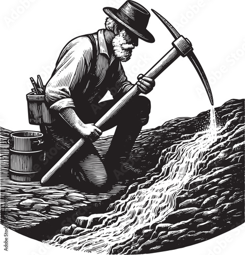 Vintage style illustration of prospector extracting ore sample w