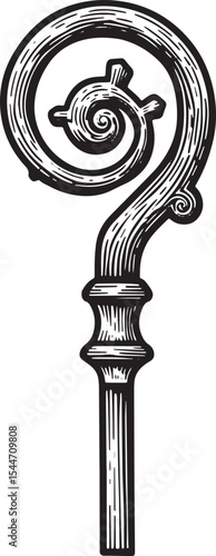 Hand-drawn illustration of a pastoral staff on a white backgroun