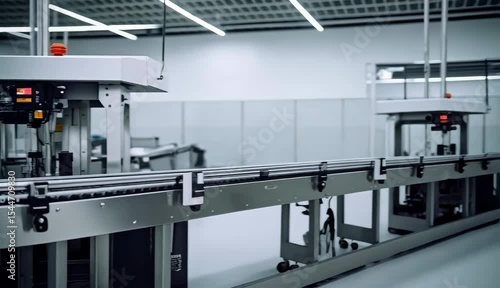 Modern Automated Packaging System in a Clean Factory Environment White Boxes Moving on Conveyor Belt