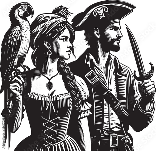 Pirate couple with parrot, traditional woodcut style vector illu