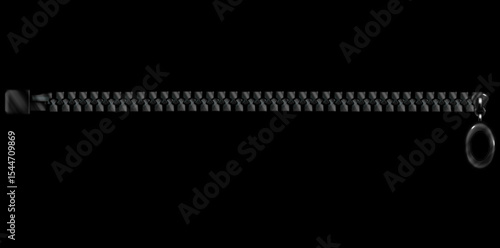 Realistic Black Zipper Isolated On Black Background, Zip With Puller Vector Illustration.	