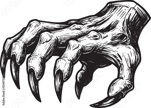 Detailed black and white illustration of a monster claw, isolate