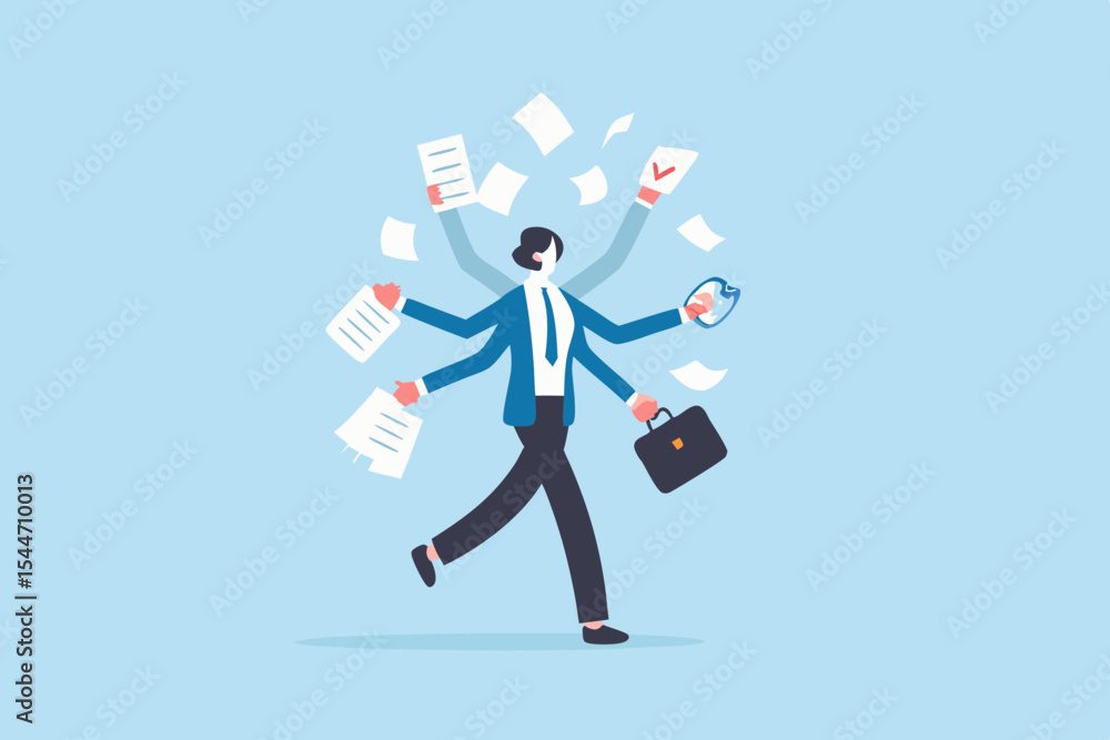 Overwhelmed Businesswoman with Multiple Arms Handling Tasks and Documents Time Management and Multitasking Skills Deadline Pressure Overwhelmed Businesswoman with Multiple Arms Handling Tasks and Documents Time Management and Multitasking Skills Deadline Pressure