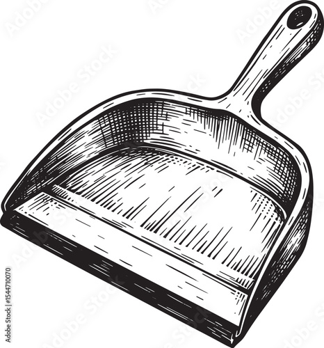Dustpan illustration in detailed ink sketch style for cleaning a