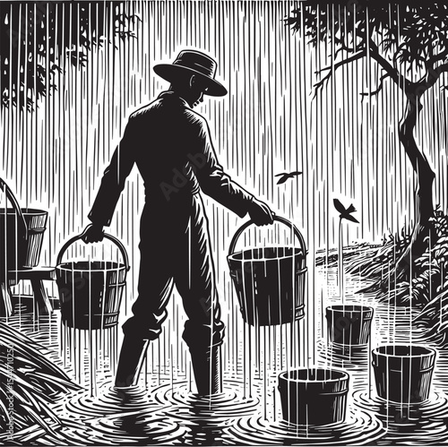 Monochrome depiction of a man harvesting rainwater during a down