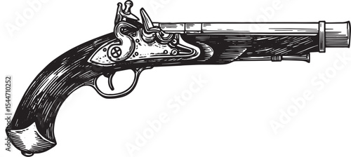 Detailed Hand-Drawn Illustration of an Antique Flintlock Pistol