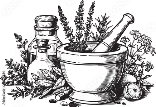 Illustration of a mortar and pestle with herbs, medicine bottles