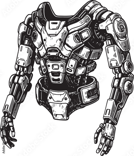 Detailed artistic illustration of a robotic exoskeleton or cyber