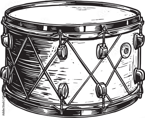 Detailed Black and White Illustration of a Snare Drum on White B