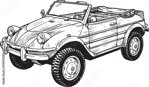 Vintage off-road car illustration: detailed hand-drawn artwork o