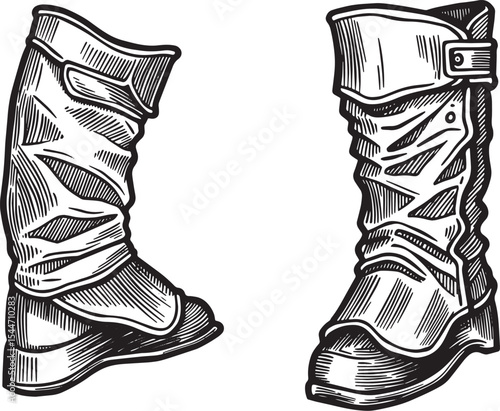 Detailed Illustration of Two Boots, One Leaning and One Upright,