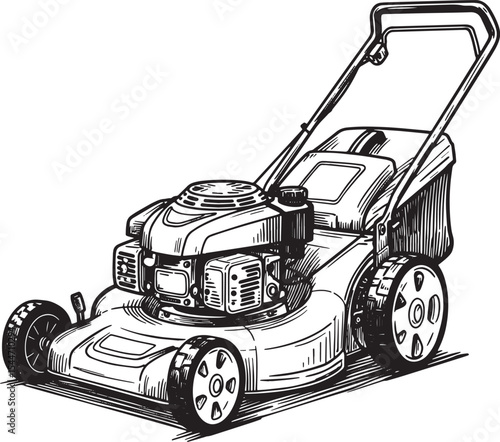 Detailed black and white illustration of a lawn mower for garden