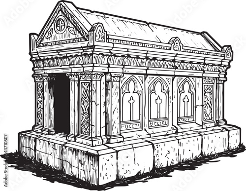 Intricate Black and White Illustration of an Ancient Stone Mauso