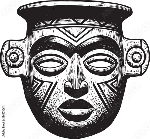 Hand-drawn tribal mask illustration with detailed facial feature
