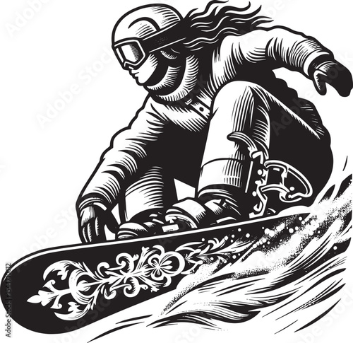 Monochrome carving of a snowboarder girl in action with artistic
