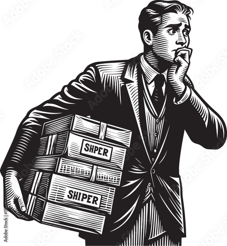 Anxious businessman with boxes of dubious goods in a woodcut sty