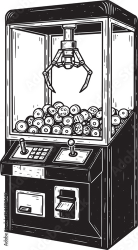 Illustration of a classic arcade claw machine filled with prize
