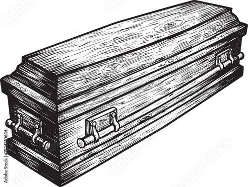 Illustration of a Wooden Coffin in Black and White, Suitable for