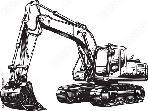 Detailed black and white illustration of an excavator machine is