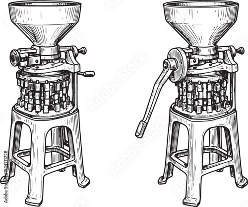 Detailed monochrome illustration of two vintage industrial pill-