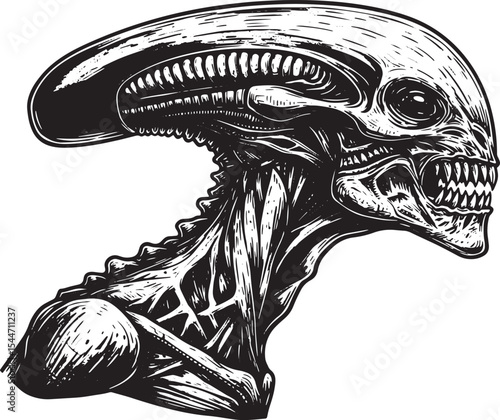 Detailed Black and White Illustration of a Xenomorph Alien Head