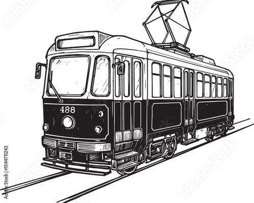 Hand-drawn illustration of a classic tram or streetcar on railwa