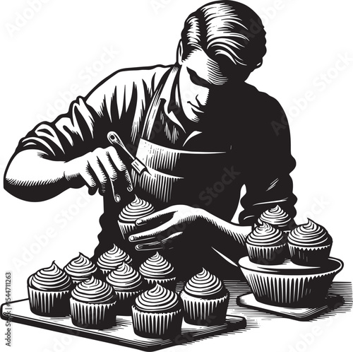 Dedicated baker frosting cupcakes with artisanal flair in black