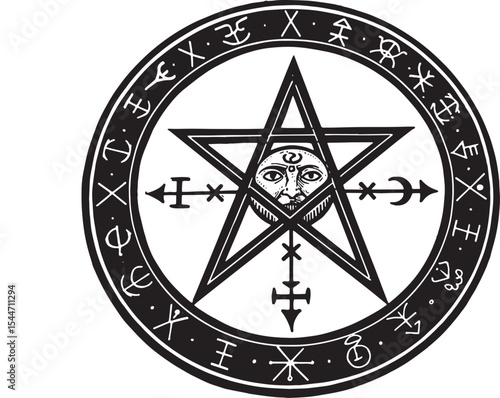 Intricate Illustration of a Pentagram within a Circle with Symbo