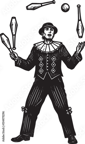 Vintage Illustration of a Juggler Performing with Clubs and a Ba