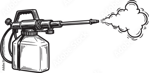 Illustration of a hand-held pesticide sprayer emitting a cloud o