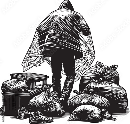 Monochrome Depiction of a Figure with Possessions Wrapped in Pla