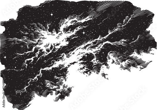 A Detailed Black and White Illustration of Space, Stars, and Clo