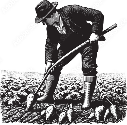 Monochrome harvest: Detailed illustration of a farmer extracting