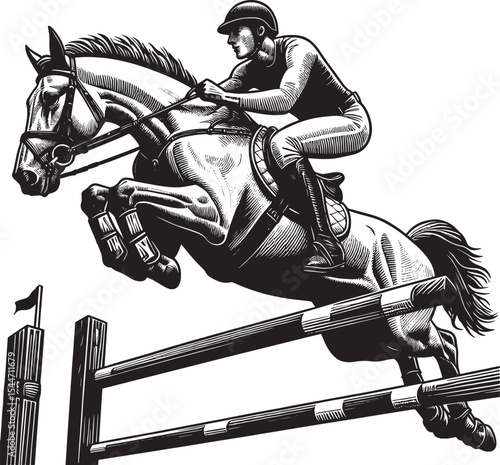 Dramatic woodcut illustration depicting show jumping athlete lea
