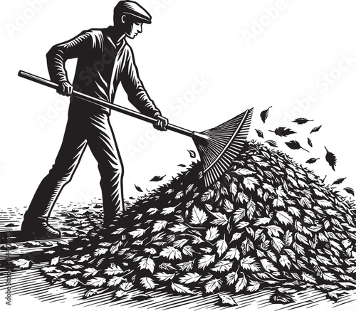 Monochrome autumn scene: A man raking fallen foliage into a towe