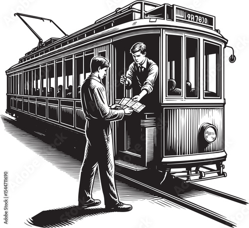 Vintage tram scene featuring ticket collection in monochrome woo