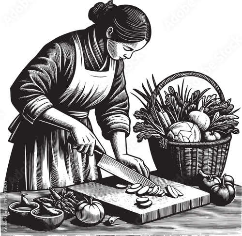 Monochrome Illustration of a Woman Preparing Vegetables in a Rus