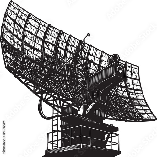 Illustration of a large radar antenna against a white background