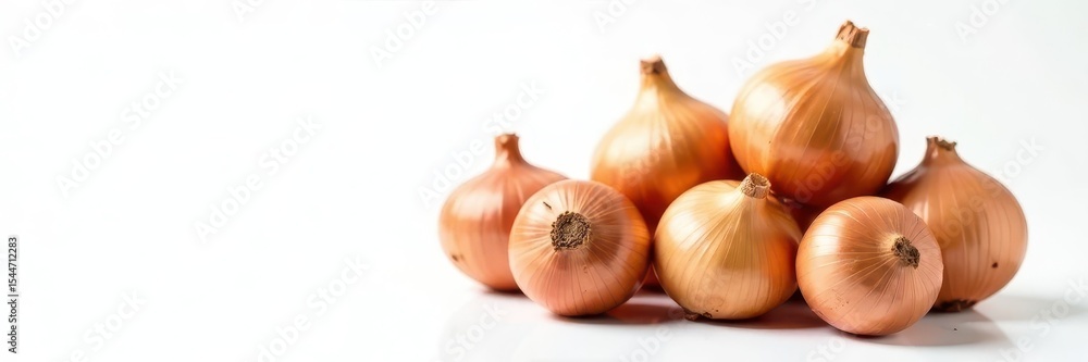 Fototapeta premium Group of brown onions, clean, studio shot, white background, ingredient, closeup, natural