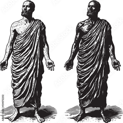 Monochrome illustration of two figures draped in classical togas