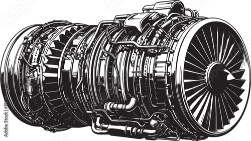 Detailed black and white illustration of a jet engine, industria