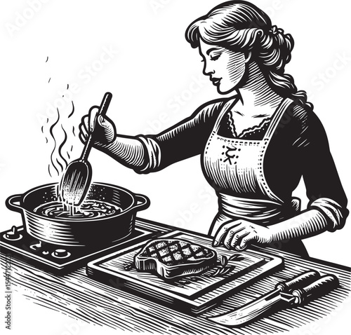 Elegant Woodcut: Woman Cooks Steak with Refined Charm on Isolate