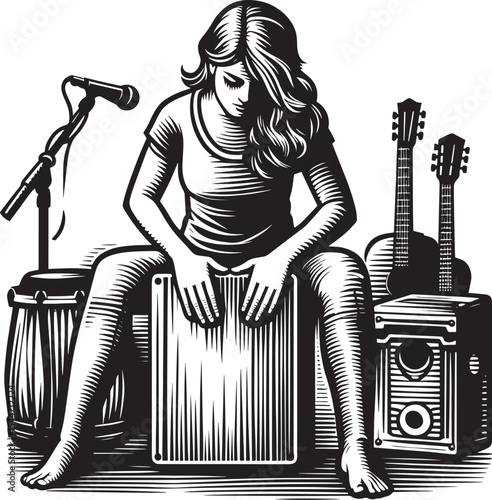 Monochrome Woodcut Illustration of a Musician with Caj