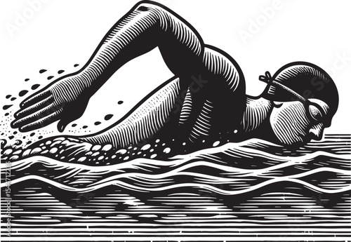 Monochrome vintage illustration of a swimmer performing a freest
