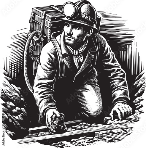 Vintage style illustration of a determined miner exploring under