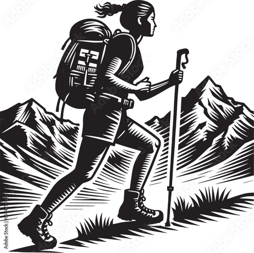 Black and white woodcut illustration of a female hiker with moun